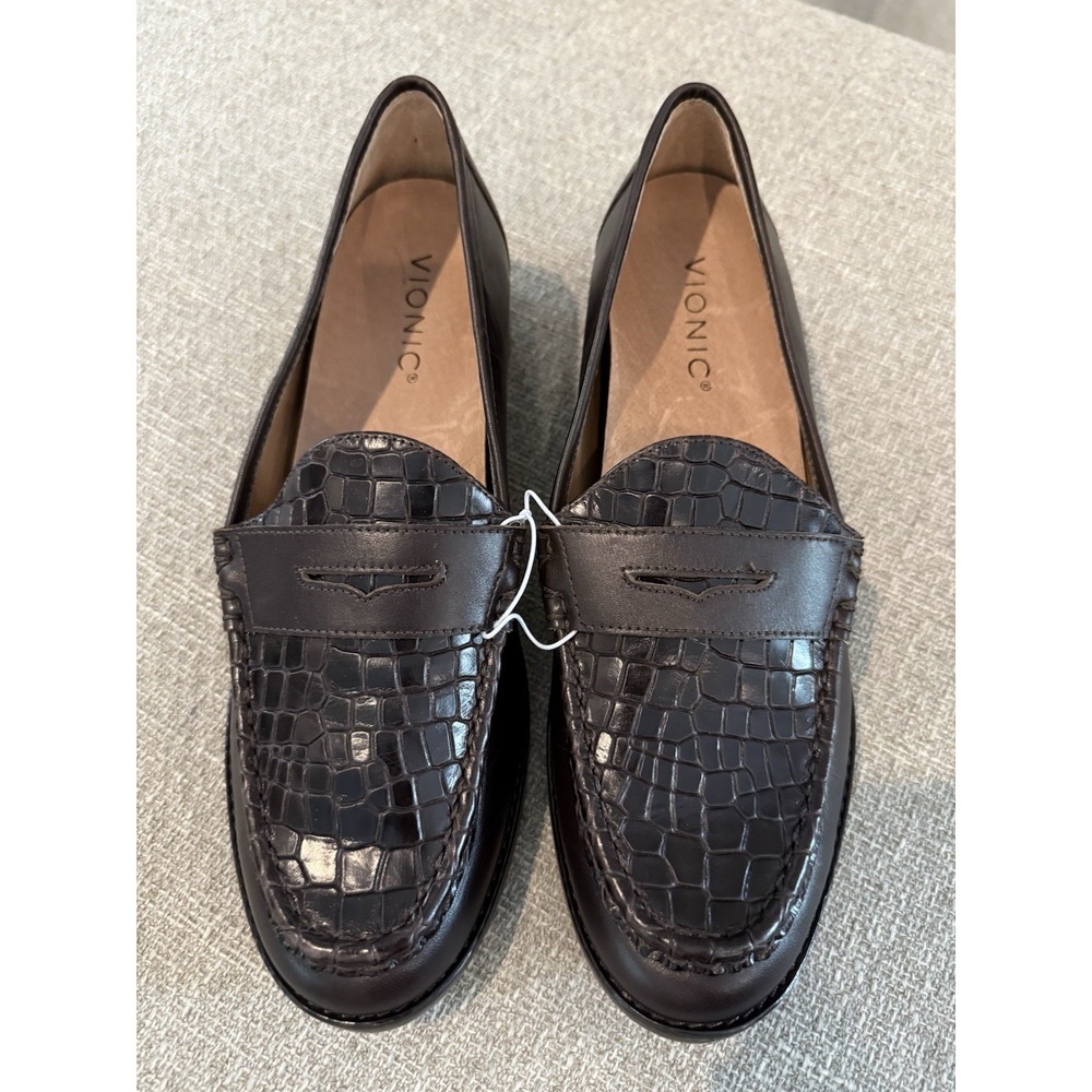Vionic Leather Penny Loafers Womens 9 Brown Croc Embossed Orthotic